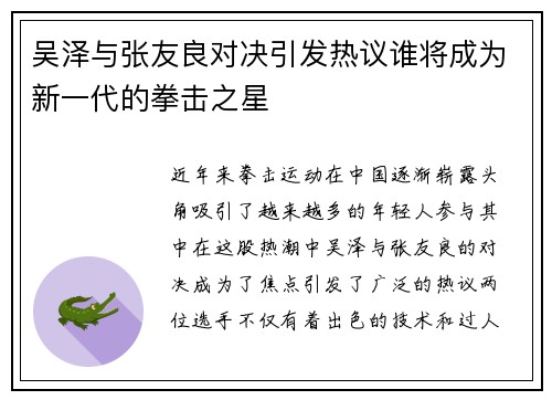 吴泽与张友良对决引发热议谁将成为新一代的拳击之星